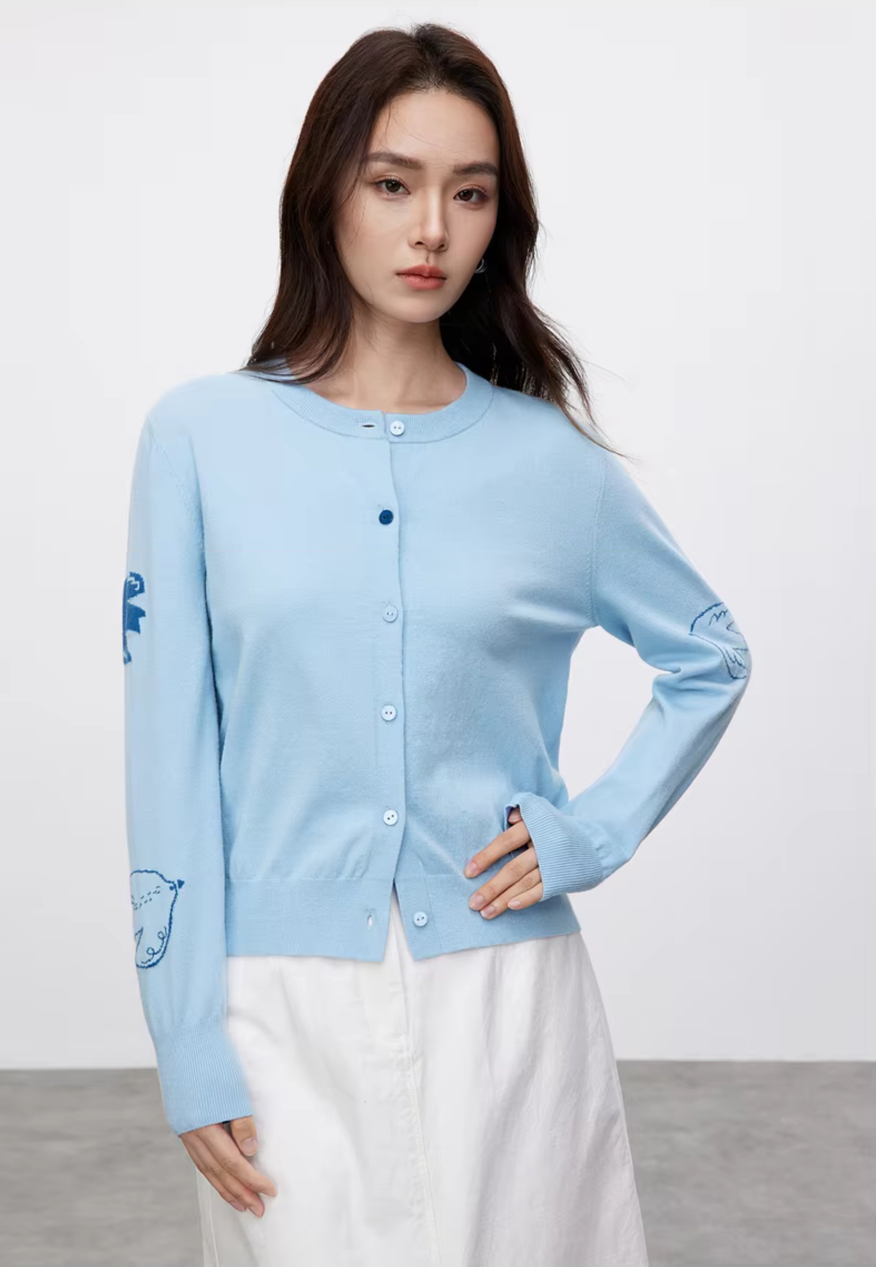 Jacquard Knitted Cardigan     Women’s spliced round O-neck long sleeves animal bird graphic single breasted button-up knitted cropped crewneck Cardigans for woman in light sky blue Spring womens petite-, plus-, size crew neck Sweaters fashion #W51H58806