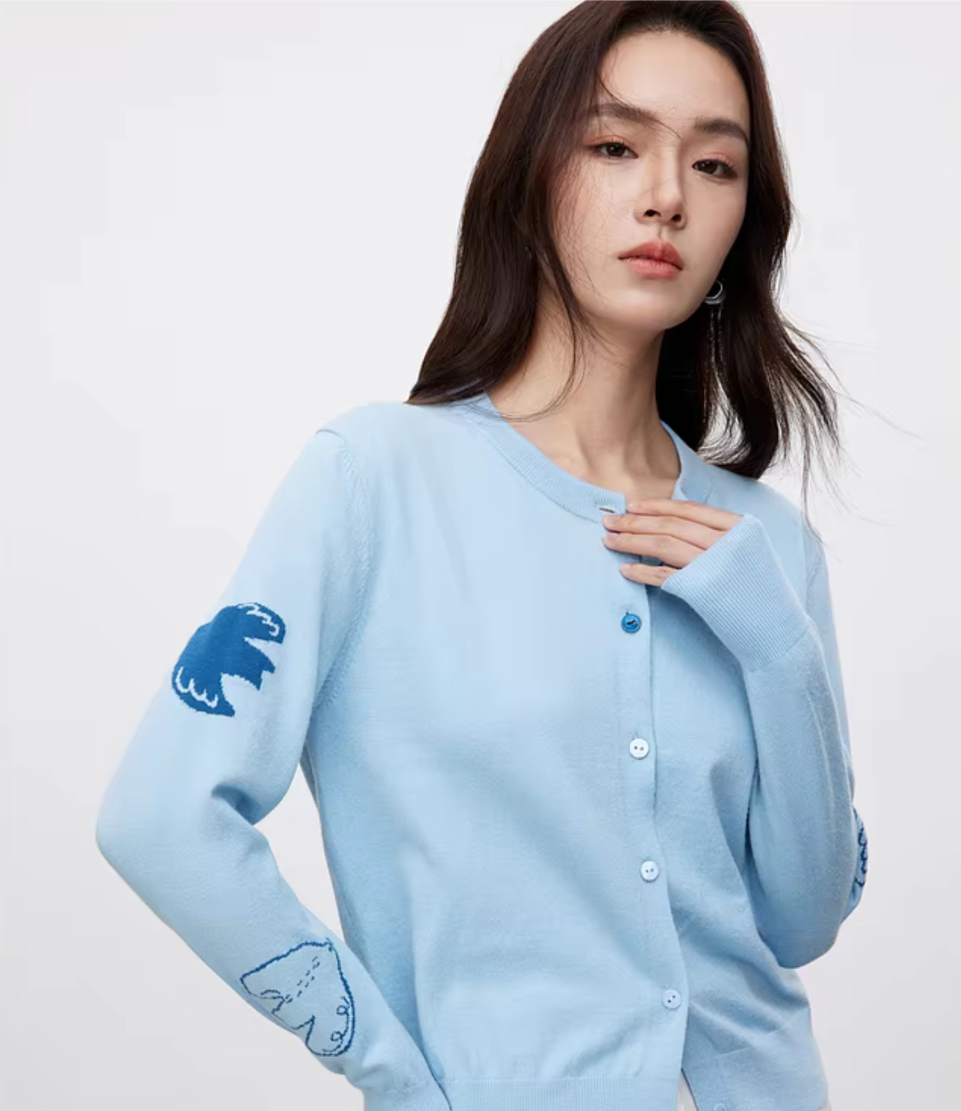 Jacquard Knitted Cardigan     Women’s spliced round O-neck long sleeves animal bird graphic single breasted button-up knitted cropped crewneck Cardigans for woman in light sky blue Spring womens petite-, plus-, size crew neck Sweaters fashion #W51H58806
