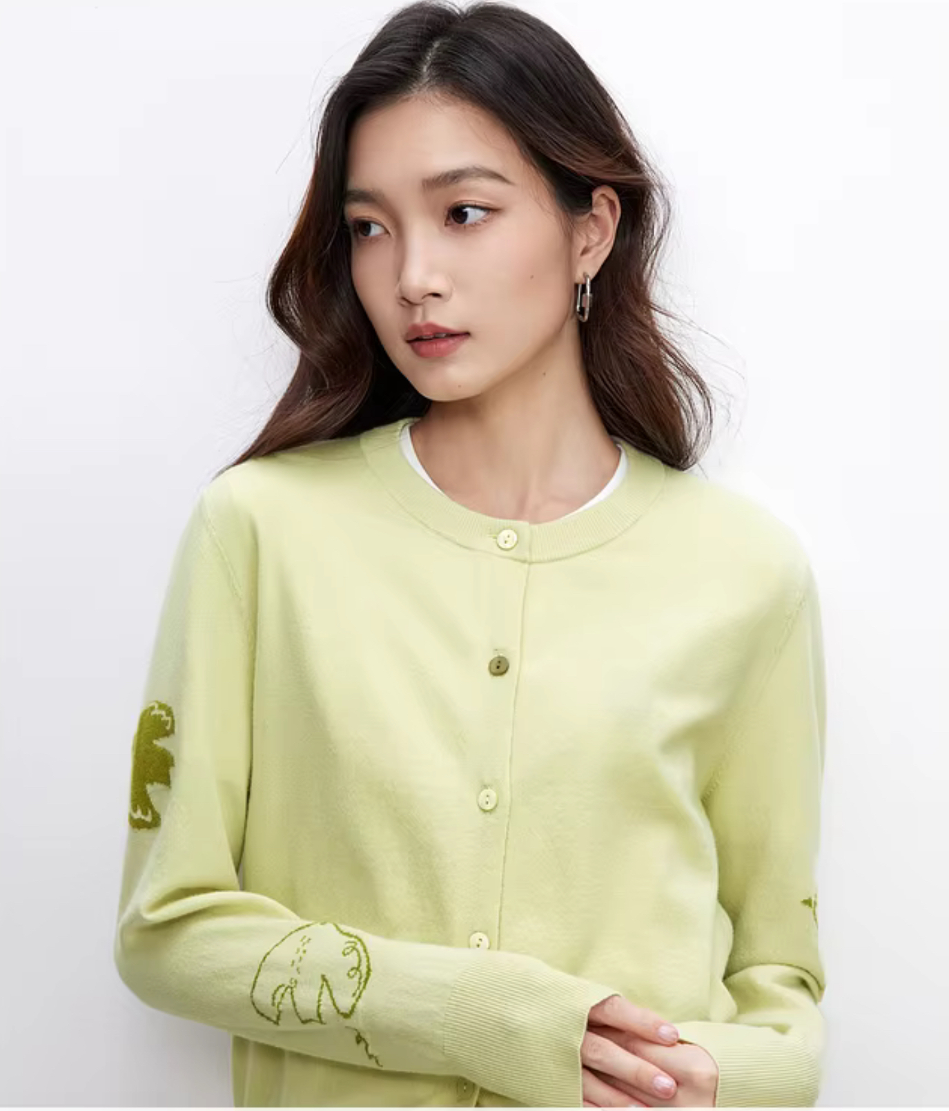 Jacquard Knitted Cardigan     Women’s spliced round O-neck long sleeves animal bird graphic single breasted button-up knitted cropped crewneck Cardigans for woman in light green Spring womens petite-, plus-, size crew neck Sweaters fashion #W51H58806