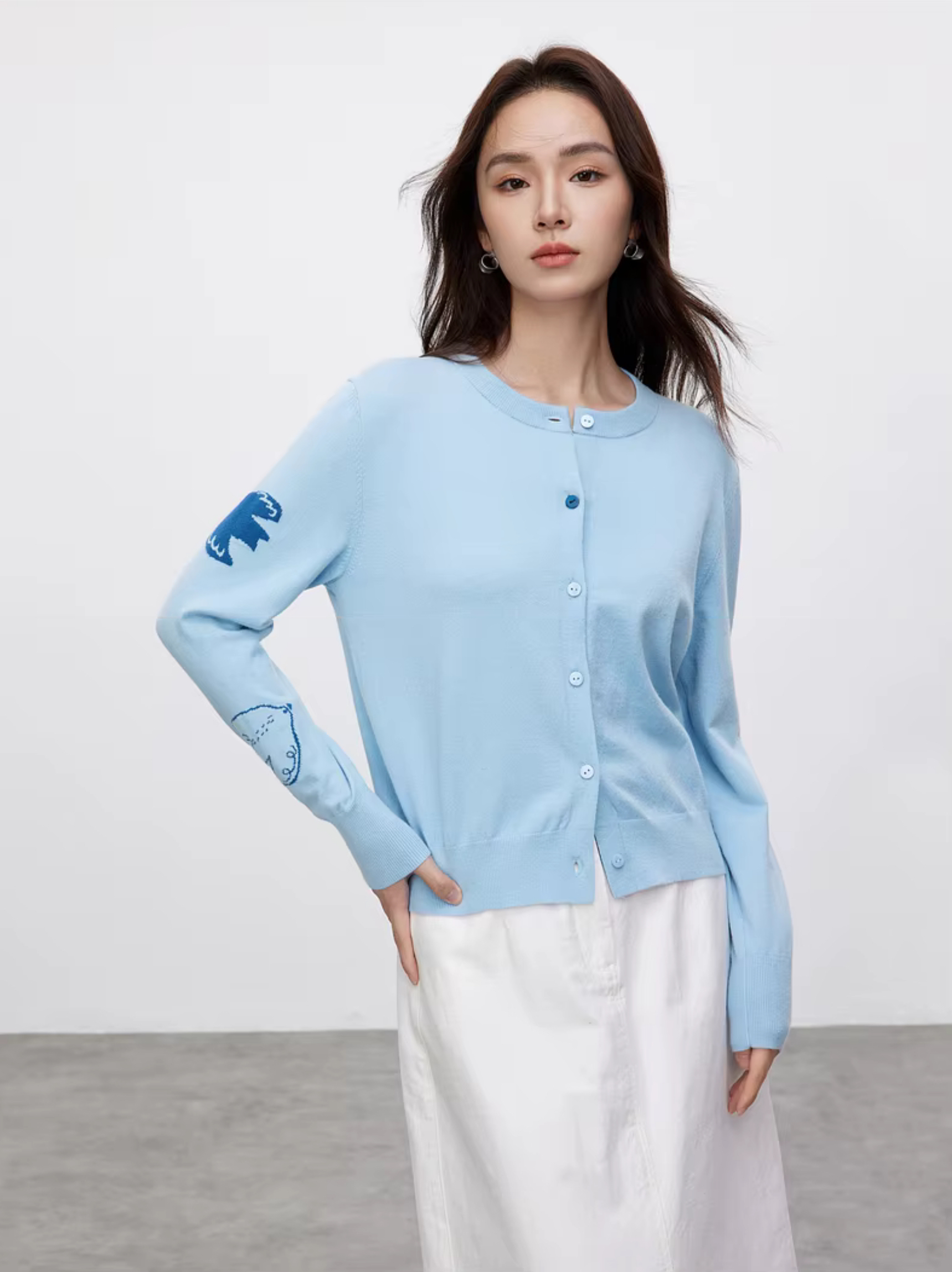 Jacquard Knitted Cardigan     Women’s spliced round O-neck long sleeves animal bird graphic single breasted button-up knitted cropped crewneck Cardigans for woman in light sky blue Spring womens petite-, plus-, size crew neck Sweaters fashion #W51H58806