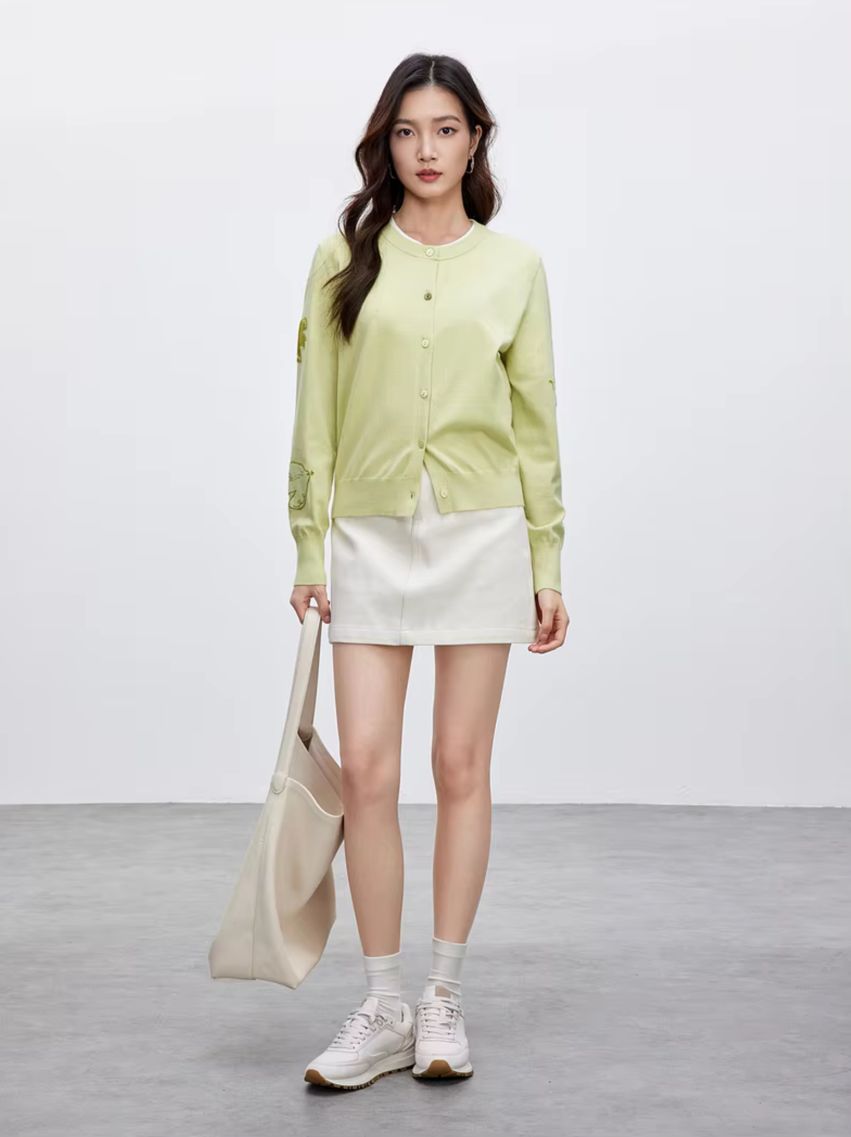 Jacquard Knitted Cardigan     Women’s spliced round O-neck long sleeves animal bird graphic single breasted button-up knitted cropped crewneck Cardigans for woman in light green Spring womens petite-, plus-, size crew neck Sweaters fashion #W51H58806