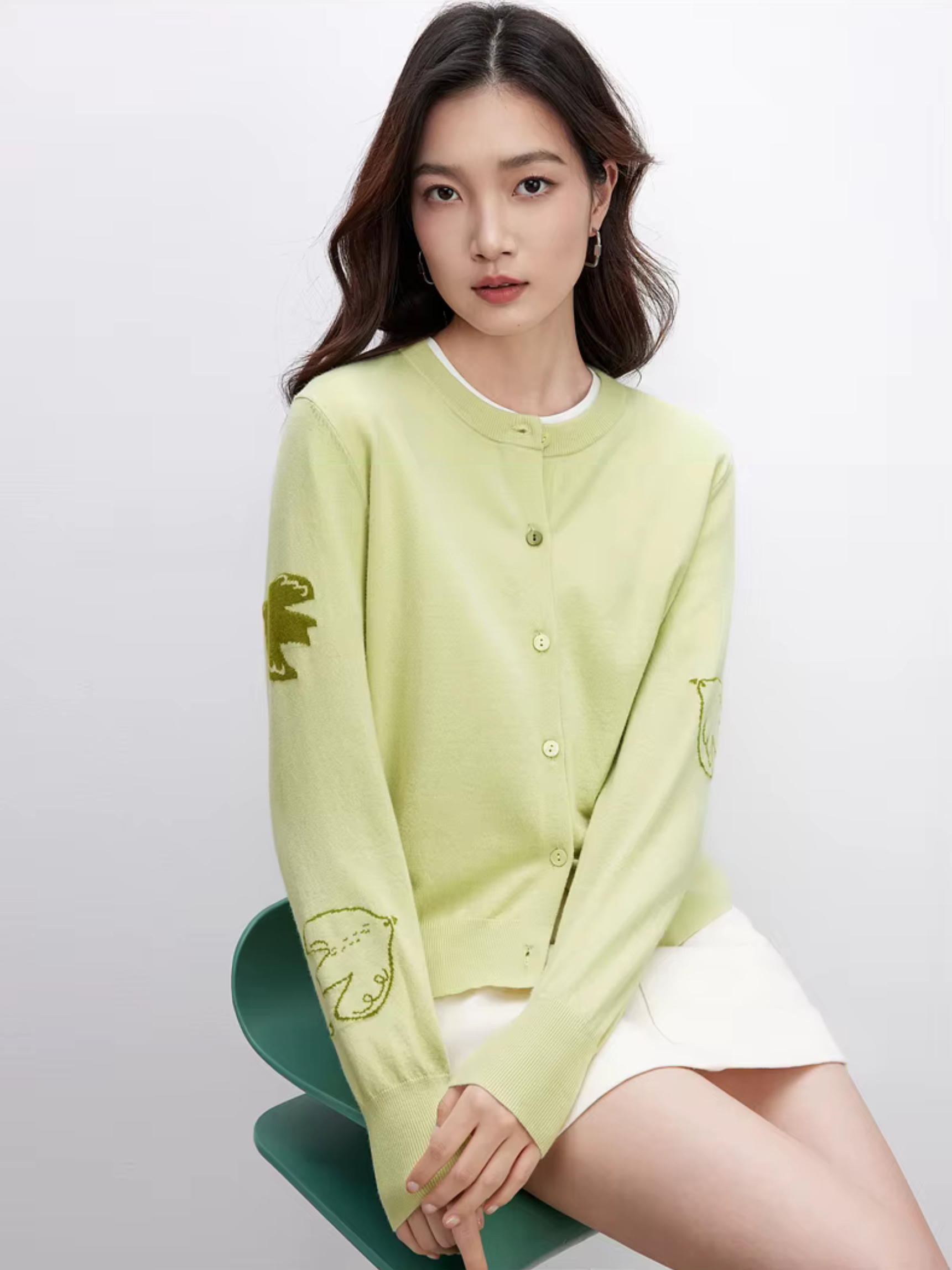 Jacquard Knitted Cardigan     Women’s spliced round O-neck long sleeves animal bird graphic single breasted button-up knitted cropped crewneck Cardigans for woman in light green Spring womens petite-, plus-, size crew neck Sweaters fashion #W51H58806