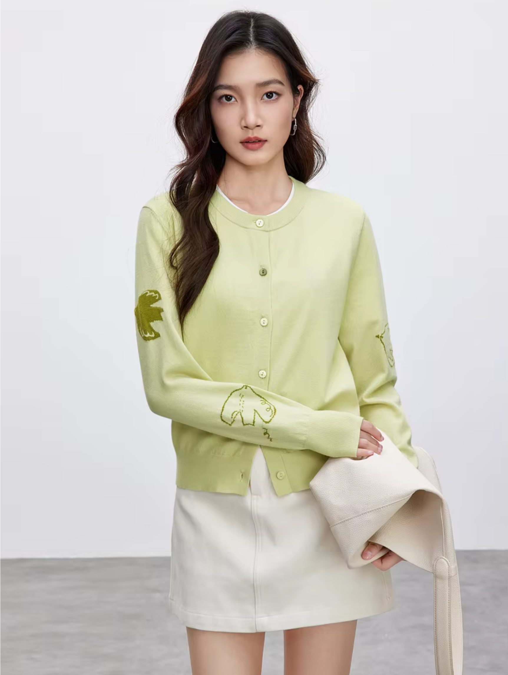 Jacquard Knitted Cardigan     Women’s spliced round O-neck long sleeves animal bird graphic single breasted button-up knitted cropped crewneck Cardigans for woman in light green Spring womens petite-, plus-, size crew neck Sweaters fashion #W51H58806