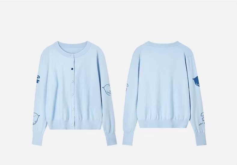 Jacquard Knitted Cardigan     Women’s spliced round O-neck long sleeves animal bird graphic single breasted button-up knitted cropped crewneck Cardigans for woman in light sky blue Spring womens petite-, plus-, size crew neck Sweaters fashion #W51H58806
