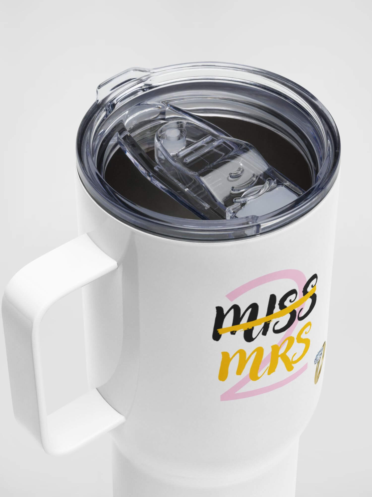 Engagement Travel Mug    with handle and lid Stainless steel Outdoors Fitness Sports Activewear Marriage Wedding gifts Mugs Gifting party celebration Drinks containers in white with multi color MISS 2 (to) MRS letter design and gold diamond ring