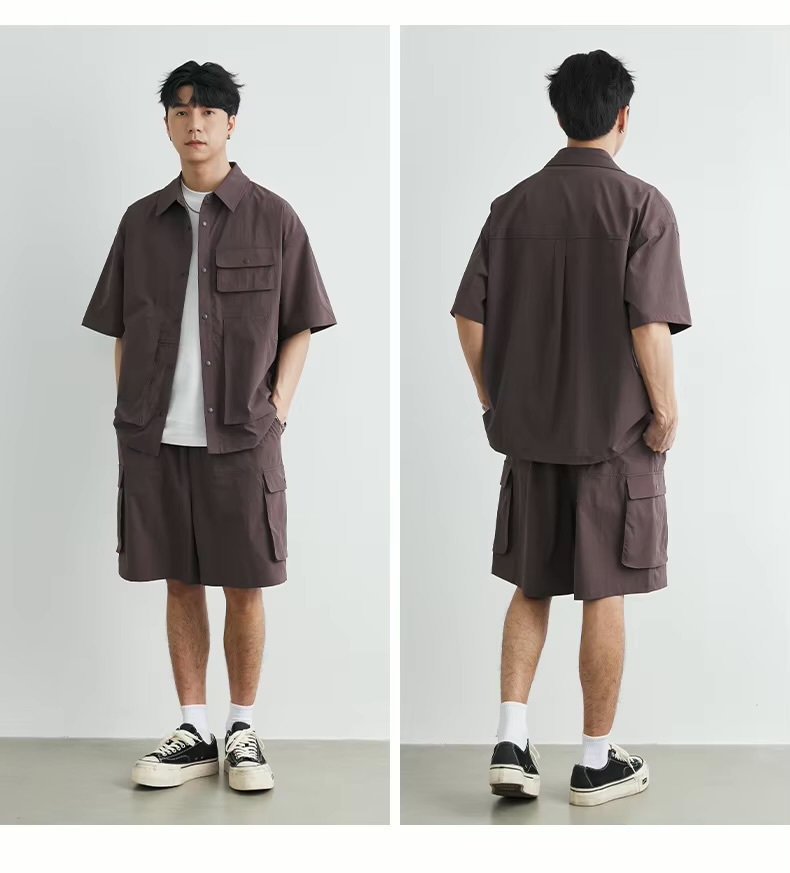Men’s man mens petite-, tall-, plus-, size Loose Casual Short Sleeves Shorts 2 Piece Sets Suits Cityboy wfh office workwear Streetwear Fashion Daily Commute Cargo Shirt Top Shirts in wine-red