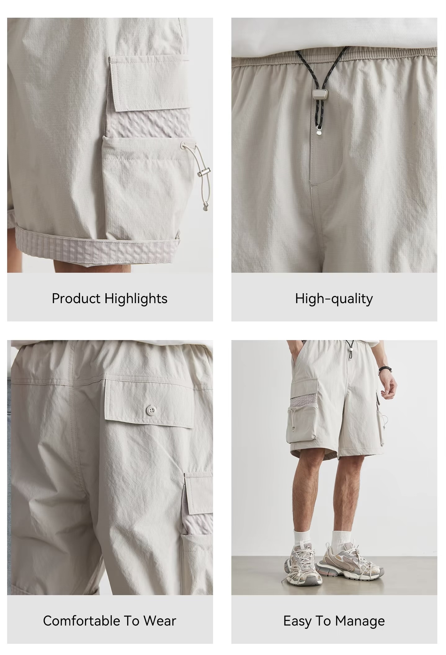 Men&rsquo;s man mens petite-, tall-, plus-, size Quick Dry Breathable Outdoor Summer Solid Cargo Shorts Men Quick Dry Lightweight Breathable Multi-Pocket Drawstring drawcord Straight Leg Short Pants short pant in light Gray grey