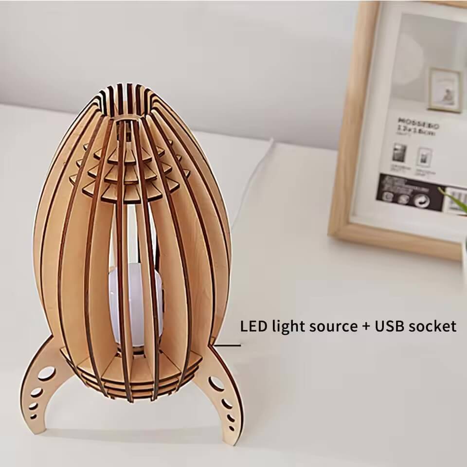 Wooden LED Space Rocket Lamp Handmade Wood Carving Rockets Night Lights Decorative Desktop Table Lamps Kids Children Gifts Bedroom Study room home decor