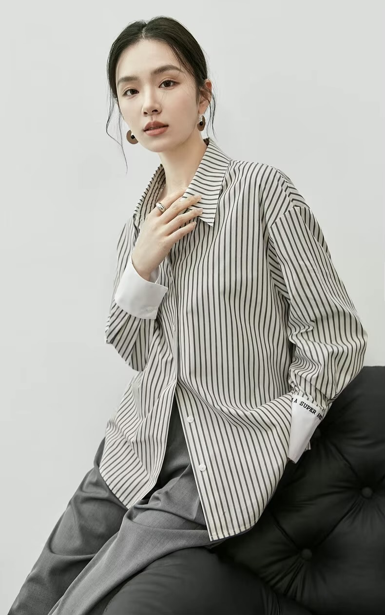 Striped Shirt 100% Cotton    Women’s patchwork embroidery turn-down point collar button-up long sleeves with wide point cuffs with inner Embroidered YOU ARE SUPER AWESOME lettering Blouses for woman in green black stripe on khaki with white accent color Spring Fall Autumn Womens petite-, plus-, size shirts office wfh workwear Clothing #143C56172