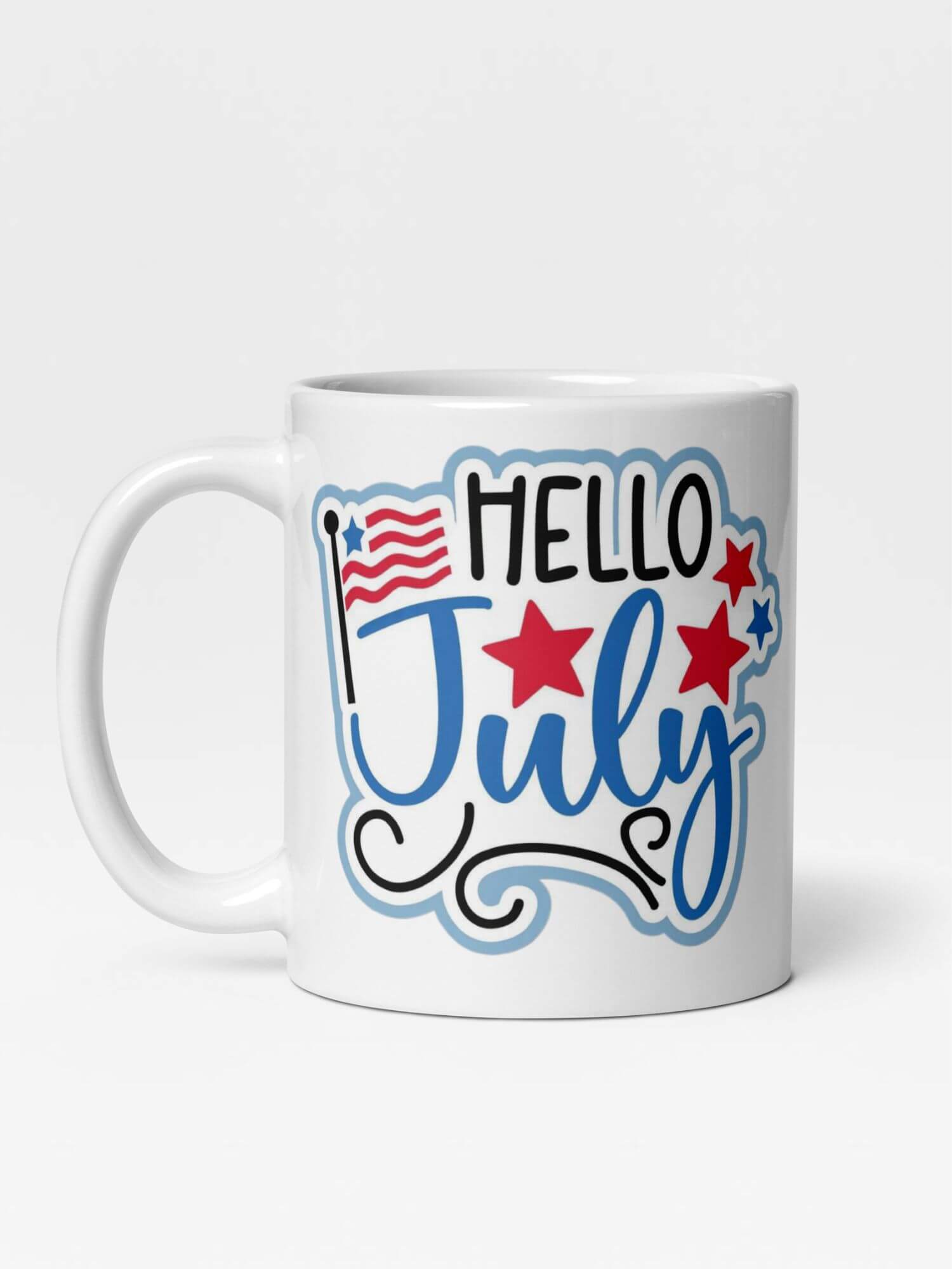 Glossy Hello July USA Mug   Everyday use American months of the year in white with blue and red design United States Of America anime mugs