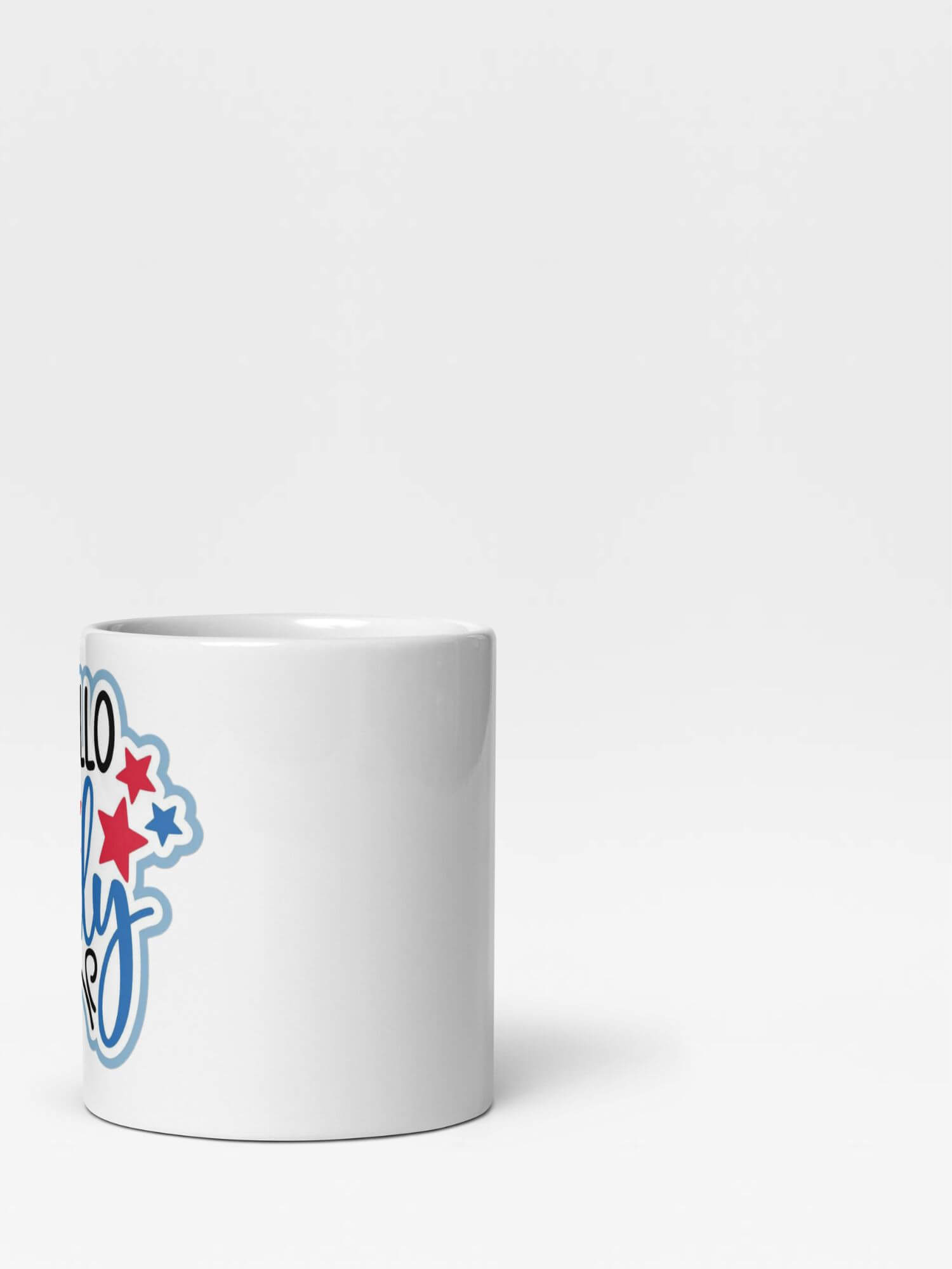 Glossy Hello July USA Mug   Everyday use American months of the year in white with blue and red design United States Of America anime mugs