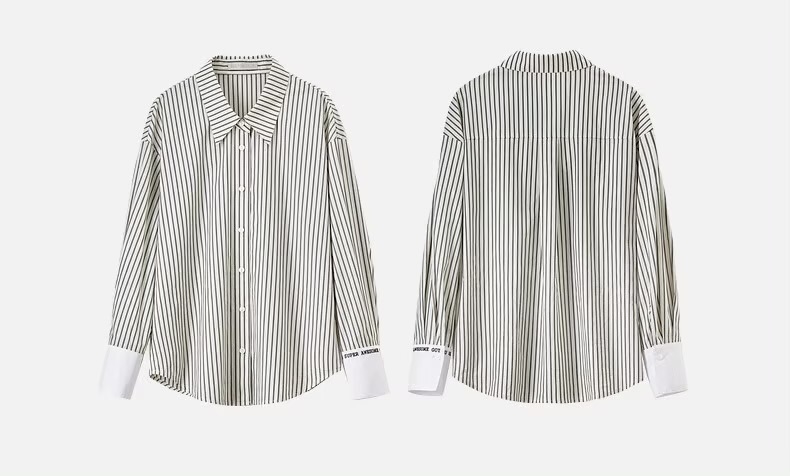 Striped Shirt 100% Cotton    Women’s patchwork embroidery turn-down point collar button-up long sleeves with wide point cuffs with inner Embroidered YOU ARE SUPER AWESOME lettering Blouses for woman in green black stripe on khaki with white accent color Spring Fall Autumn Womens petite-, plus-, size shirts office wfh workwear Clothing #143C56172