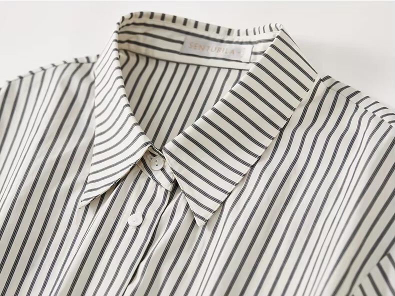 Striped Shirt 100% Cotton    Women’s patchwork embroidery turn-down point collar button-up long sleeves with wide point cuffs with inner Embroidered YOU ARE SUPER AWESOME lettering Blouses for woman in green black stripe on khaki with white accent color Spring Fall Autumn Womens petite-, plus-, size shirts office wfh workwear Clothing #143C56172