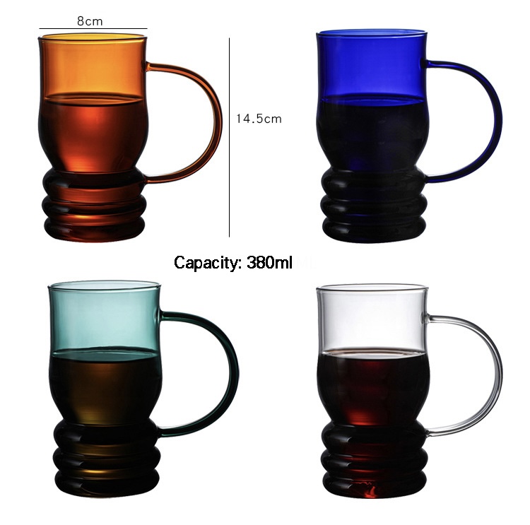 Colored Glass Coffee Cup 380ml Creative Heat-Resistant Tea Cups European Color with Handle Home Office Personality Large Water Beer Mugs in Amber brown Blue