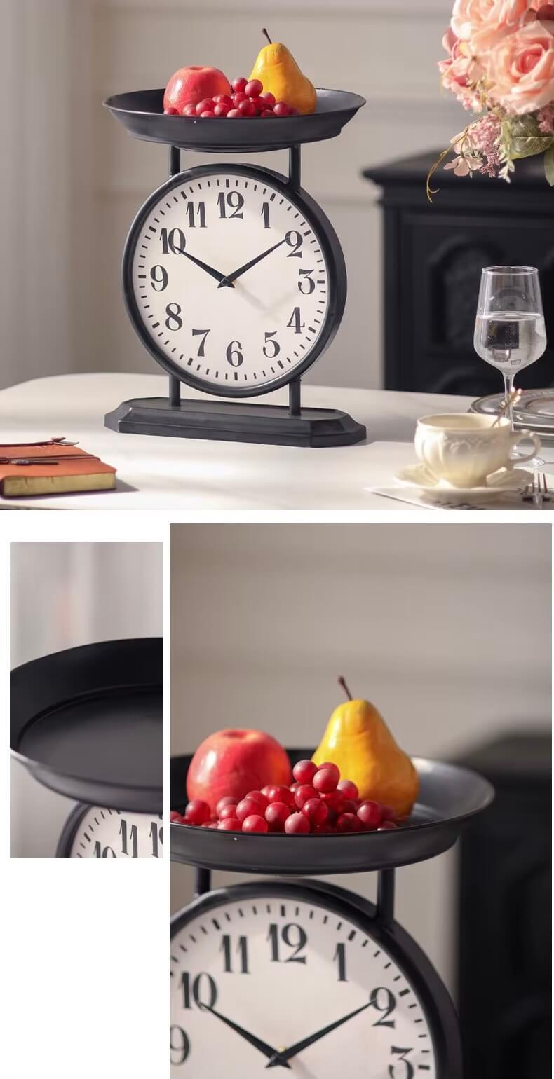 American wrought iron clock ornament, creative entrance standing bell decorative ornaments, with tray, seat clock multi-layer with fruit plate in black matte color with white accent