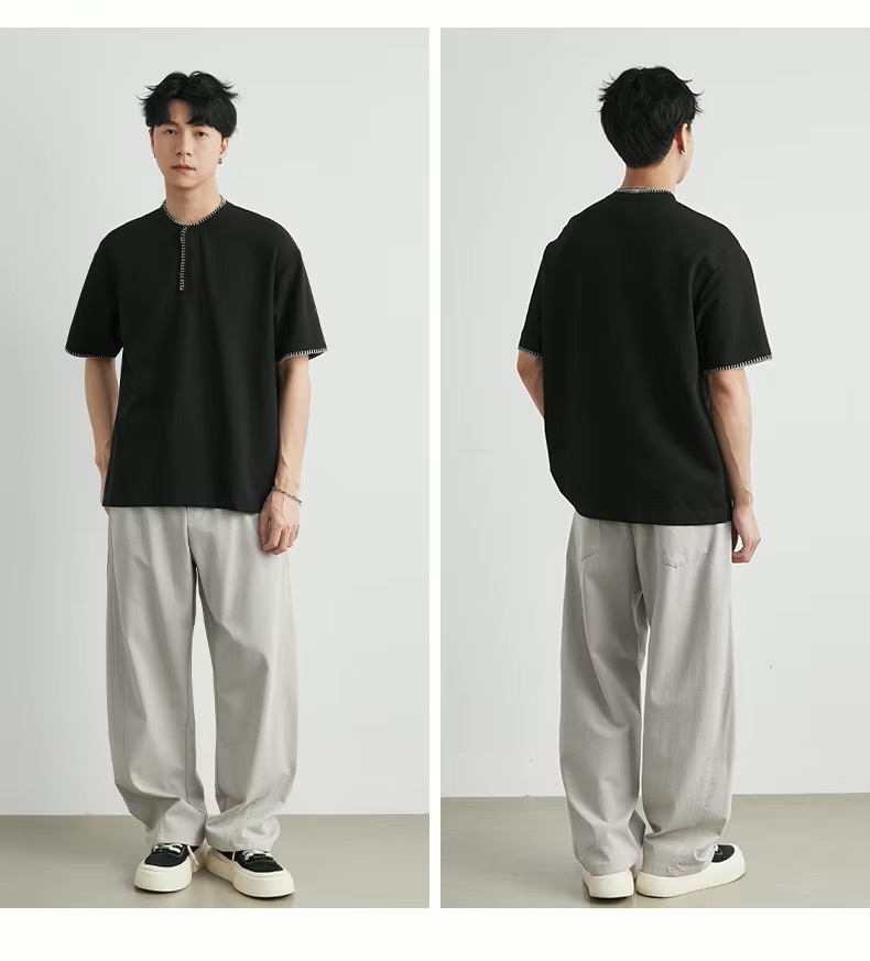 Men&rsquo;s man mens petite-, tall-, plus-, size Stitch Detail Henley crew Neck crewneck Waffle T-Shirt Summer Loose Drop Shoulder Casual Commute Versatile Short Sleeve Top Cotton-blend Commute Fashion T-Shirts Tops in black with white striped accent
