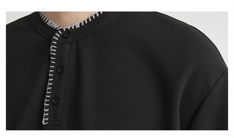 Men&rsquo;s man mens petite-, tall-, plus-, size Stitch Detail Henley crew Neck crewneck Waffle T-Shirt Summer Loose Drop Shoulder Casual Commute Versatile Short Sleeve Top Cotton-blend Commute Fashion T-Shirts Tops in black with white striped accent