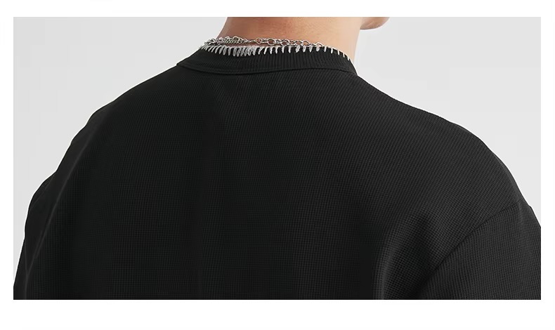 Men&rsquo;s man mens petite-, tall-, plus-, size Stitch Detail Henley crew Neck crewneck Waffle T-Shirt Summer Loose Drop Shoulder Casual Commute Versatile Short Sleeve Top Cotton-blend Commute Fashion T-Shirts Tops in black with white striped accent