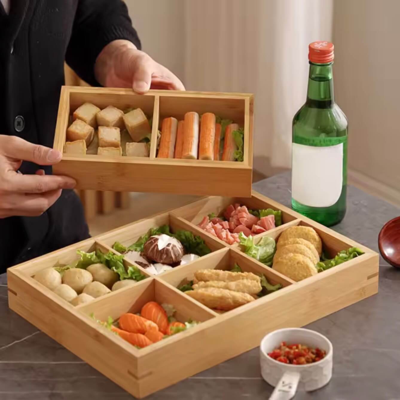 Divided Wooden Tray Multi Compartments divider rectangular serveware Tray for Hot Pot Restaurants Sushi Plate square rectangle Wood Serving Trays in natural light wood color