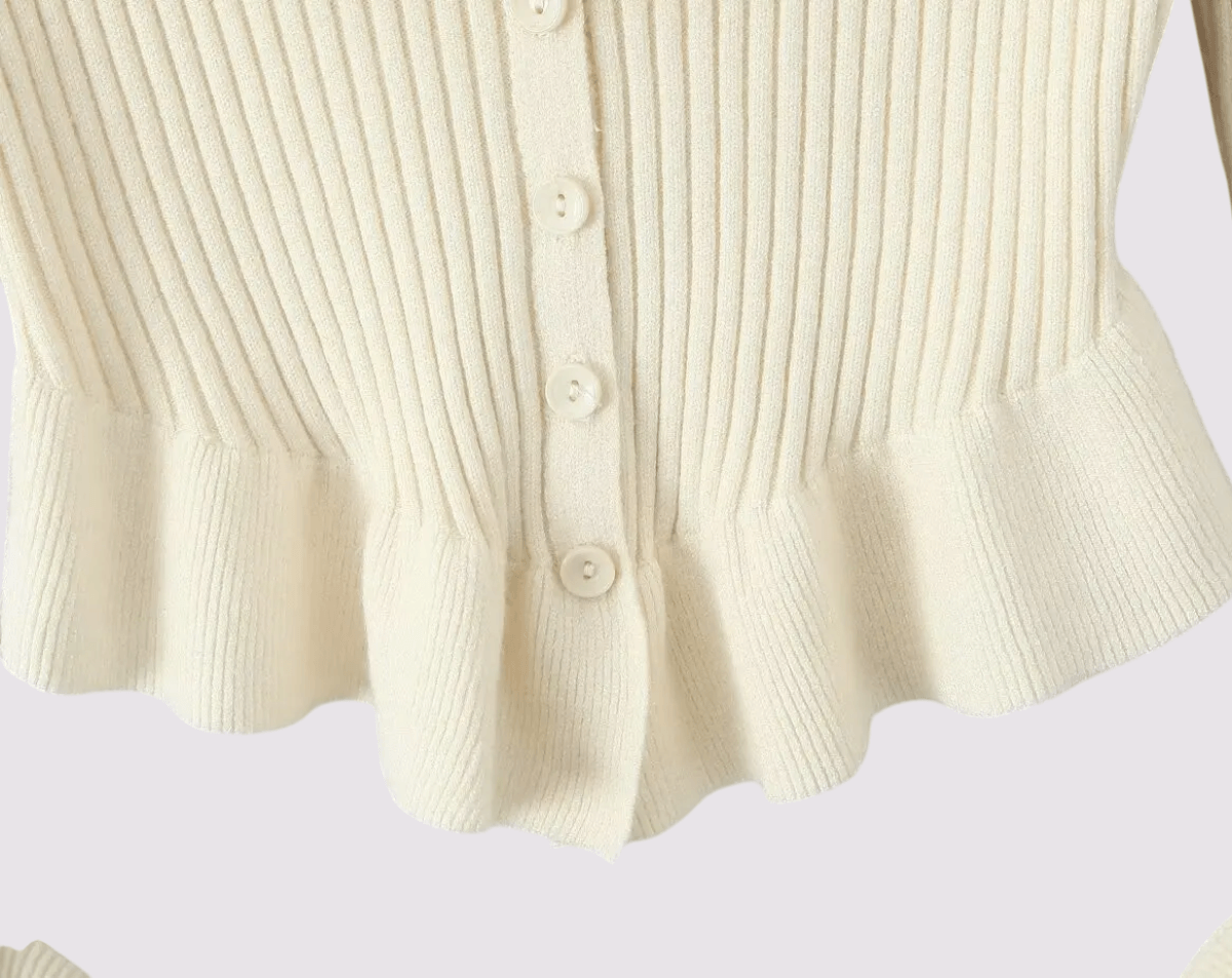 Women’s woman womens petite- size Autumn ribbed French look sweet girl Ruched style lotus leaf scoopneck collar slim fit ruffled long lantern sleeves with flared cuffs button-up decoration appliqué Knitted ruffles scoop neck Sweaters in cream beige