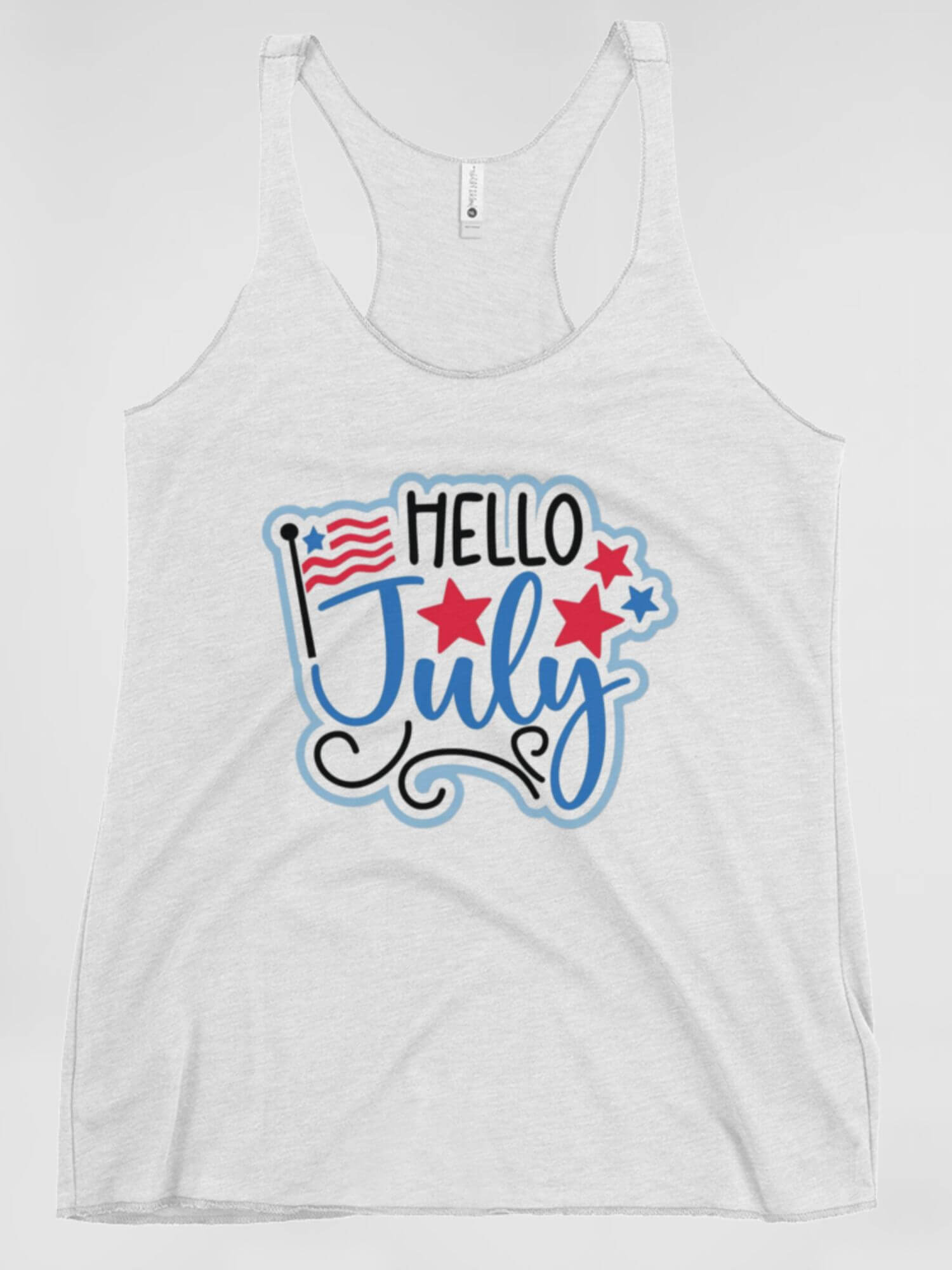 Graphic Racerback Tank Top     Unisex Anywear Hello July USA low v-neck Men’s Women’s sleeveless scoopneck tops T-shirts for tall plus size man woman in white with multicolor pattern MiteigiYūki fitness gym running sports mens womens low neck tees tops American months of the year in white with blue and red design United States Of America  sportswear
