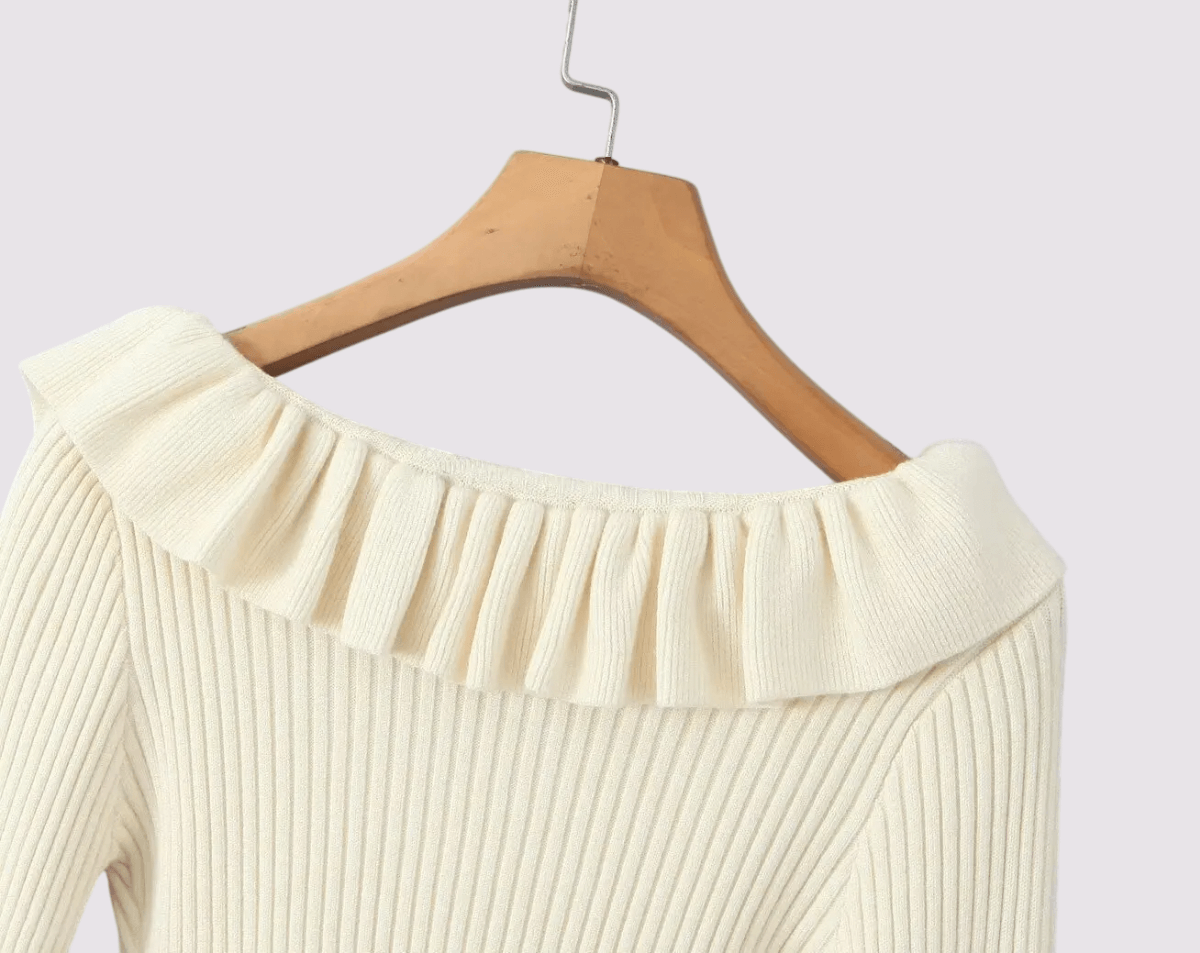 Women’s woman womens petite- size Autumn ribbed French look sweet girl Ruched style lotus leaf scoopneck collar slim fit ruffled long lantern sleeves with flared cuffs button-up decoration appliqué Knitted ruffles scoop neck Sweaters in cream beige
