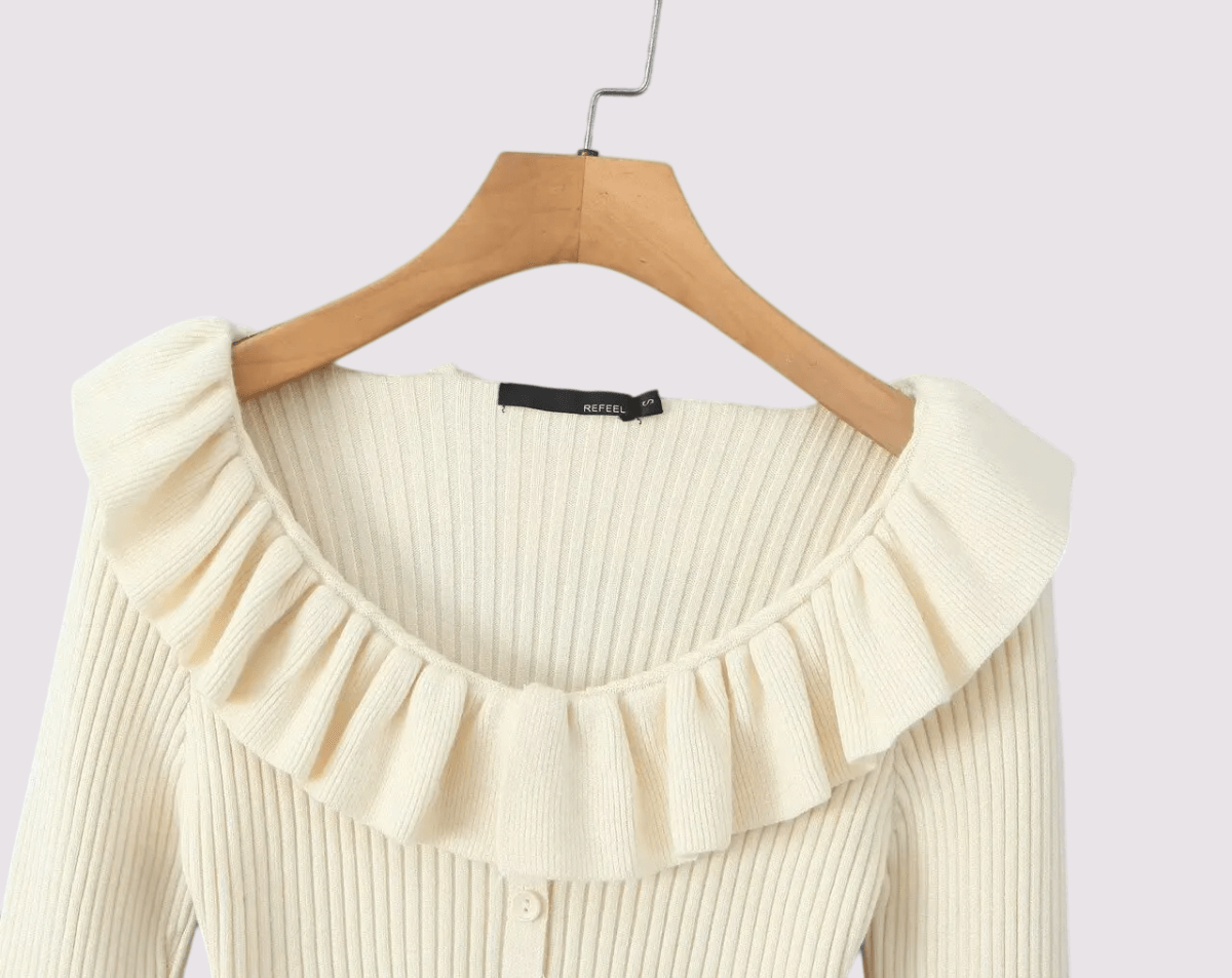 Women’s woman womens petite- size Autumn ribbed French look sweet girl Ruched style lotus leaf scoopneck collar slim fit ruffled long lantern sleeves with flared cuffs button-up decoration appliqué Knitted ruffles scoop neck Sweaters in cream beige