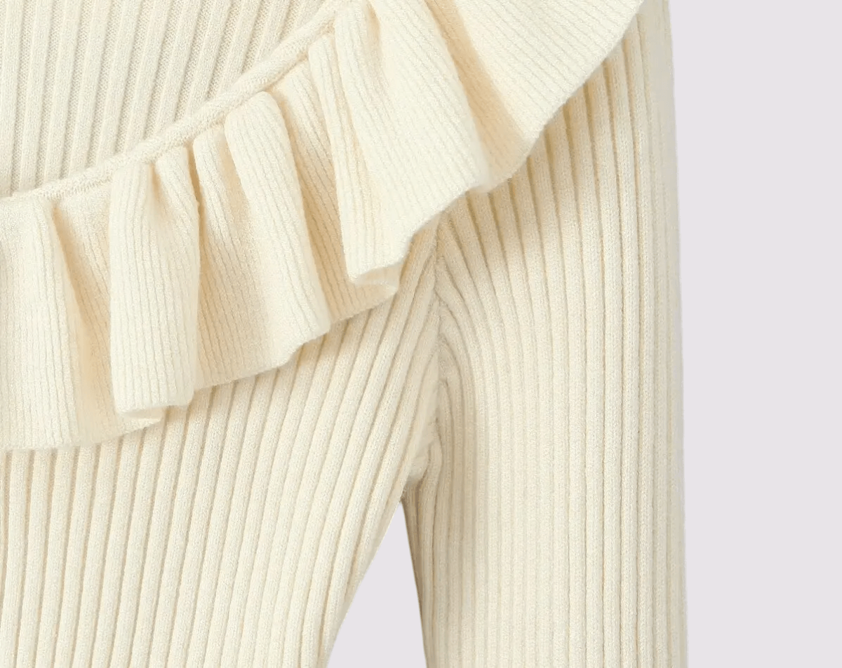 Women’s woman womens petite- size Autumn ribbed French look sweet girl Ruched style lotus leaf scoopneck collar slim fit ruffled long lantern sleeves with flared cuffs button-up decoration appliqué Knitted ruffles scoop neck Sweaters in cream beige
