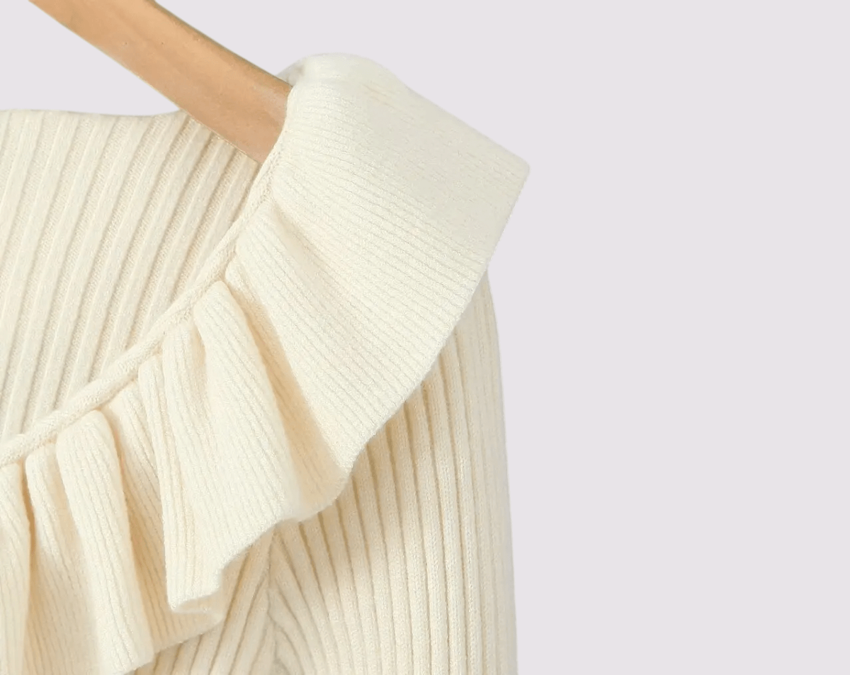 Women’s woman womens petite- size Autumn ribbed French look sweet girl Ruched style lotus leaf scoopneck collar slim fit ruffled long lantern sleeves with flared cuffs button-up decoration appliqué Knitted ruffles scoop neck Sweaters in cream beige