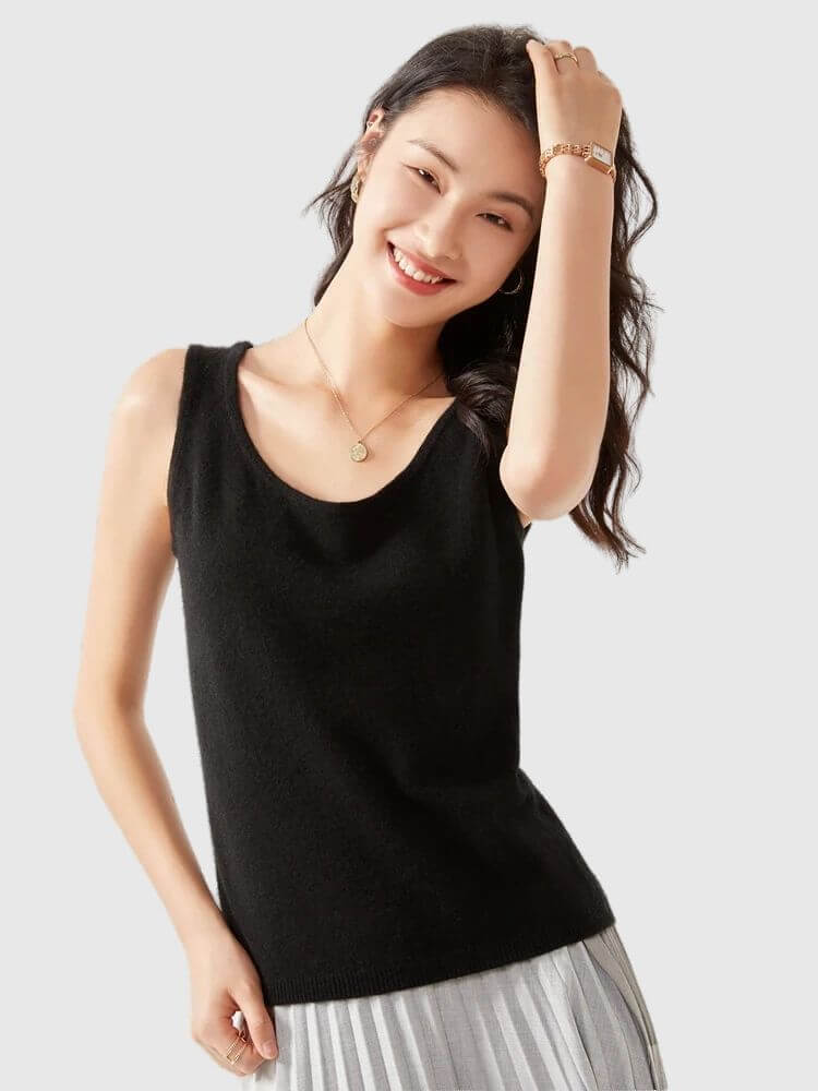 CashSoft Scoop Neck Sweater Vest black   Women’s Summer tank top for woman Casual O-neck soft thin 100% Cashmere knitwear sleeveless scoopneck pullovers sweaters womens Tops