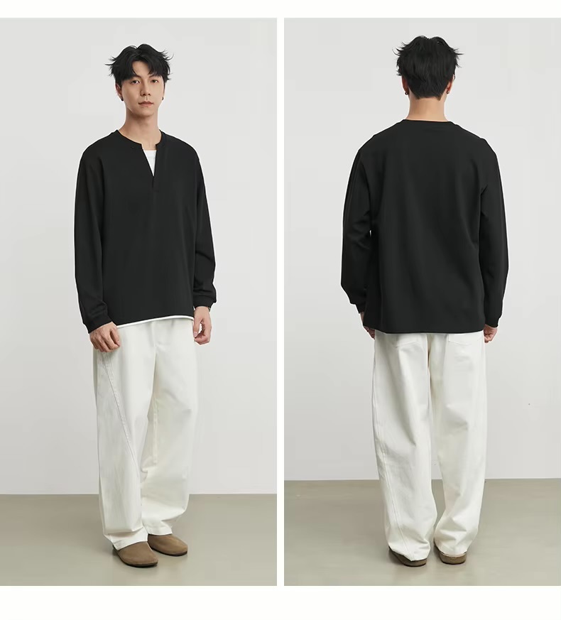 Men&rsquo;s man mens petite-, tall-, plus-, size Fake Two-piece Henry Collar V-neck Spring Loose Long-sleeves with drop shoulder and band cuff Casual Versatile Sweatshirt Clothing Tops Sweaters in black, with white