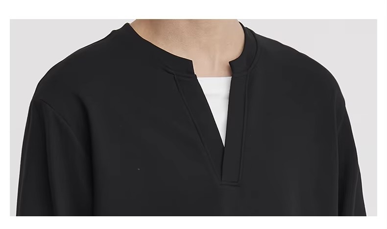 Men&rsquo;s man mens petite-, tall-, plus-, size Fake Two-piece Henry Collar V-neck Spring Loose Long-sleeves with drop shoulder and band cuff Casual Versatile Sweatshirt Clothing Tops Sweaters in black, with white