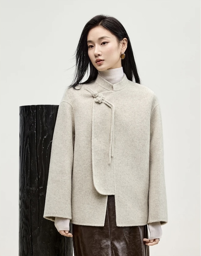 Woolen Coat milk tea    Women’s Japanese Chinese style Straight double sided coats outwear tassels button-up  Stand neck collar Irregular temperament overcoat womens wool Jackets outerwear