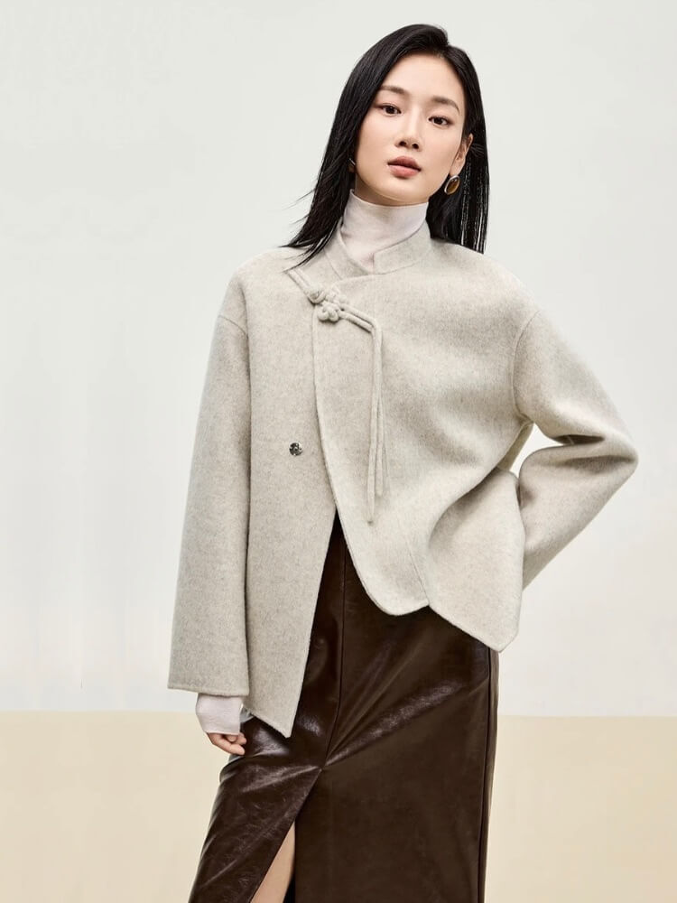 Woolen Coat milk tea    Women’s Japanese Chinese style Straight double sided coats outwear tassels button-up  Stand neck collar Irregular temperament overcoat womens wool Jackets outerwear