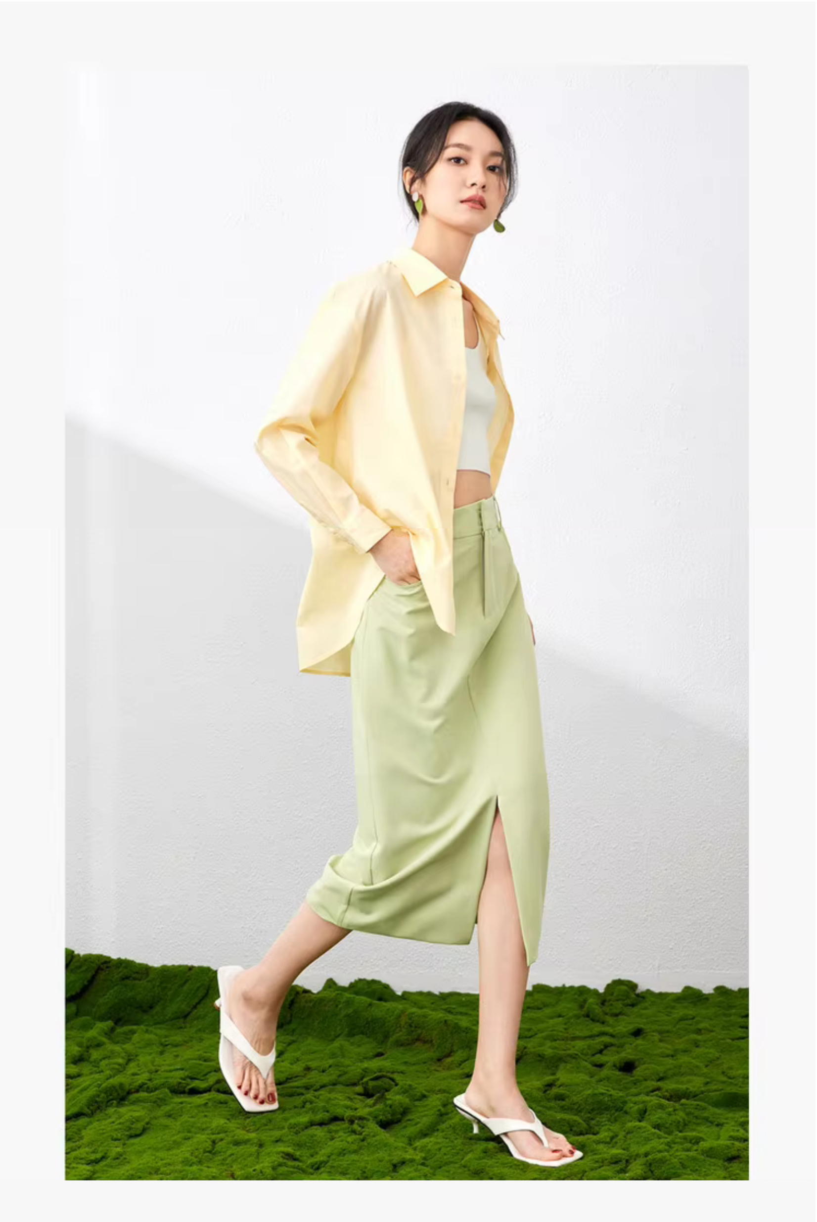 Classic Big Shirt    Women’s solid turn-down collar asymmetrical long sleeves with dropped shoulders and banded button cuffs button-up 100% cotton patch pocket at chest bottoming hem Shirts & Blouses in light yellow womens fashion Spring Office Lady wfh workwear Tops #143C58007X