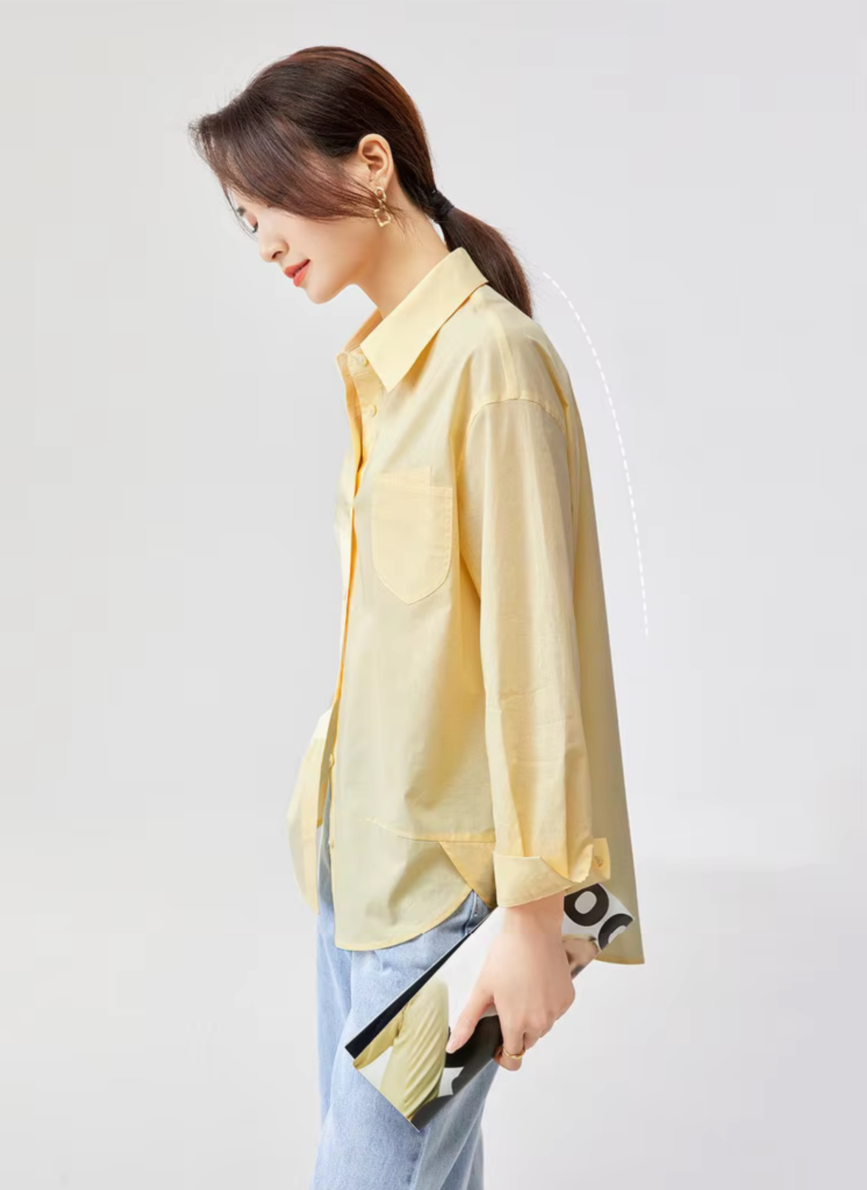 Classic Big Shirt    Women’s solid turn-down collar asymmetrical long sleeves with dropped shoulders and banded button cuffs button-up 100% cotton patch pocket at chest bottoming hem Shirts & Blouses in light yellow womens fashion Spring Office Lady wfh workwear Tops #143C58007X