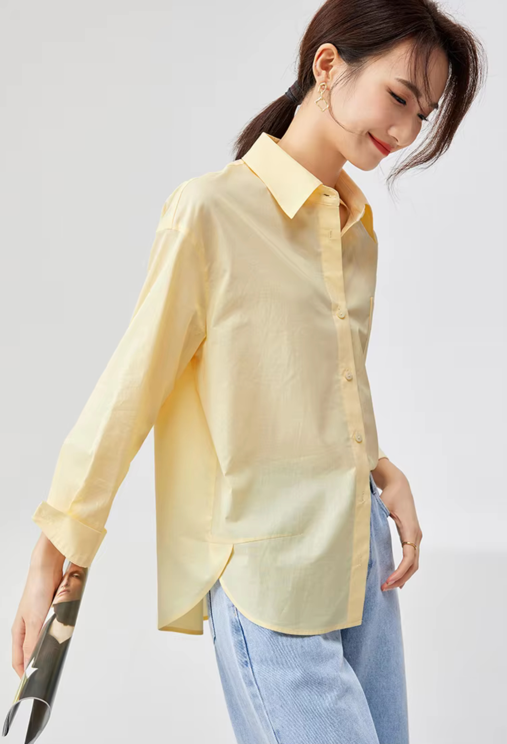 Classic Big Shirt    Women’s solid turn-down collar asymmetrical long sleeves button-up 100% cotton patch pocket at chest bottoming hem Shirts & Blouses in light yellow womens fashion Spring Office Lady wfh workwear Tops #143C58007X