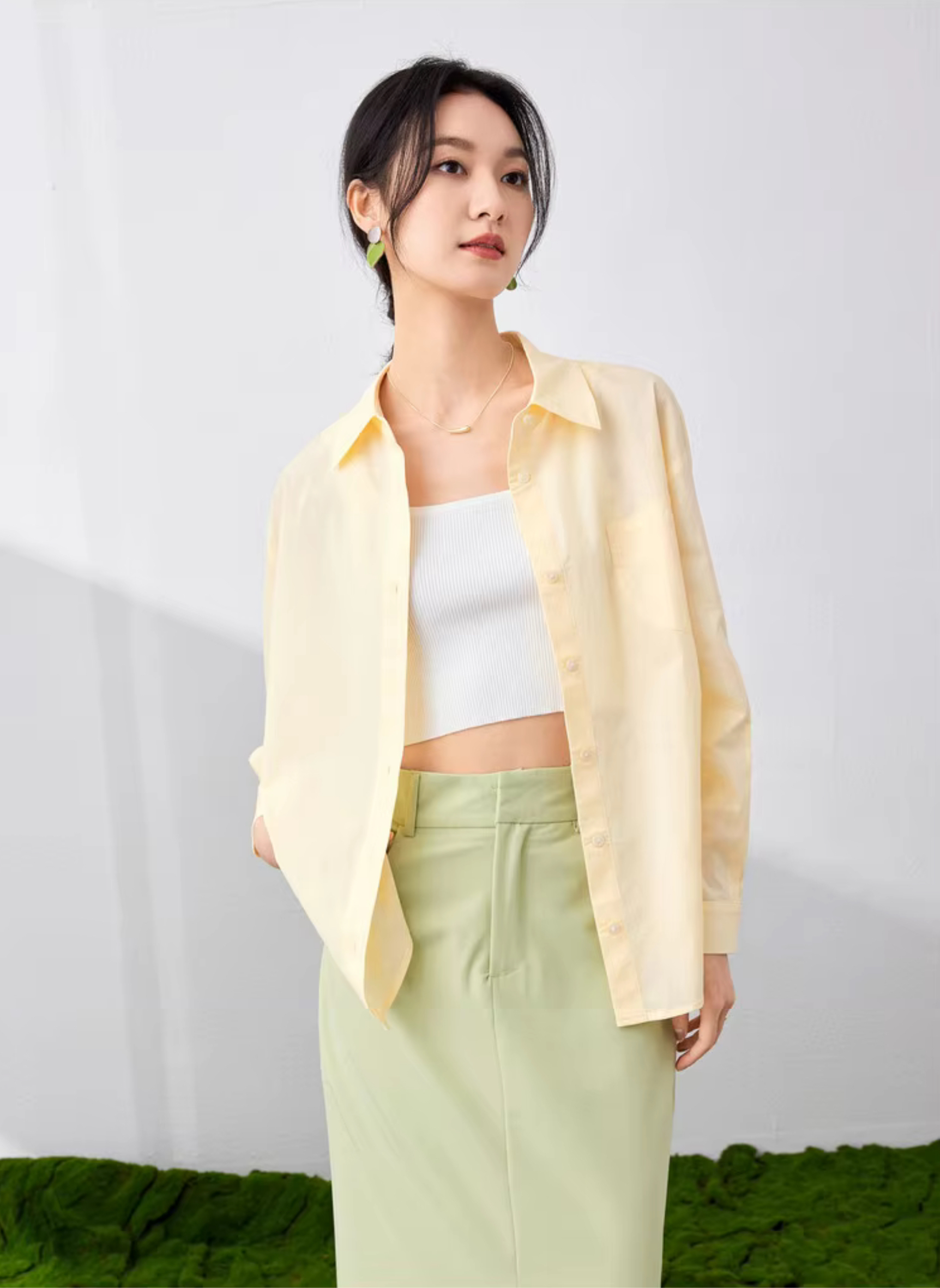 Classic Big Shirt    Women’s solid turn-down collar asymmetrical long sleeves with dropped shoulders and banded button cuffs button-up 100% cotton patch pocket at chest bottoming hem Shirts & Blouses in light yellow womens fashion Spring Office Lady wfh workwear Tops #143C58007X
