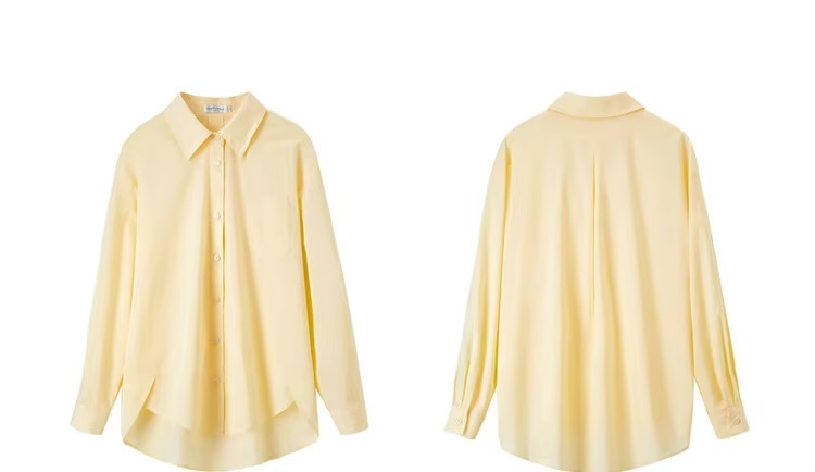 Classic Big Shirt    Women’s solid turn-down collar asymmetrical long sleeves button-up 100% cotton patch pocket at chest bottoming hem Shirts & Blouses in light yellow womens fashion Spring Office Lady wfh workwear Tops #143C58007X
