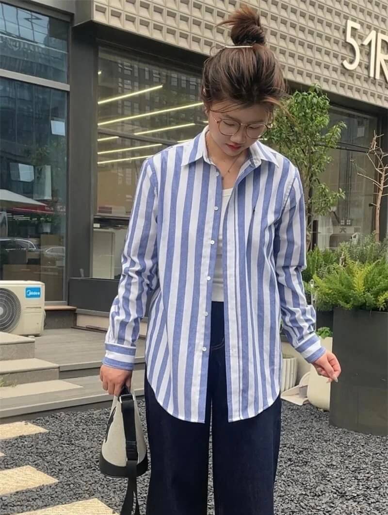 Women’s woman womens Spring Summer Classic Style Embroidered Big Striped pleats POLO turn-down Collar Loose Casual Versatile Linen long drop-shoulder sleeves with button cuffs pleated back Button up Shirts in blue with white stripes