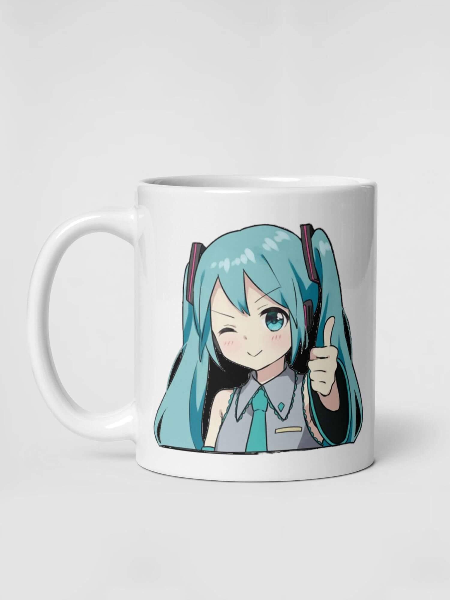 Hatsune Miku Thumbs Up Mug      Cartoon female teens character glossy drinks cup coffee, tea, juice, milk drinking cups miteigi branded product item tumblers ceramics in white with blue green multicolor pattern Ceramic Anime Gifts girls teenagers y2k generation Japanese mugs