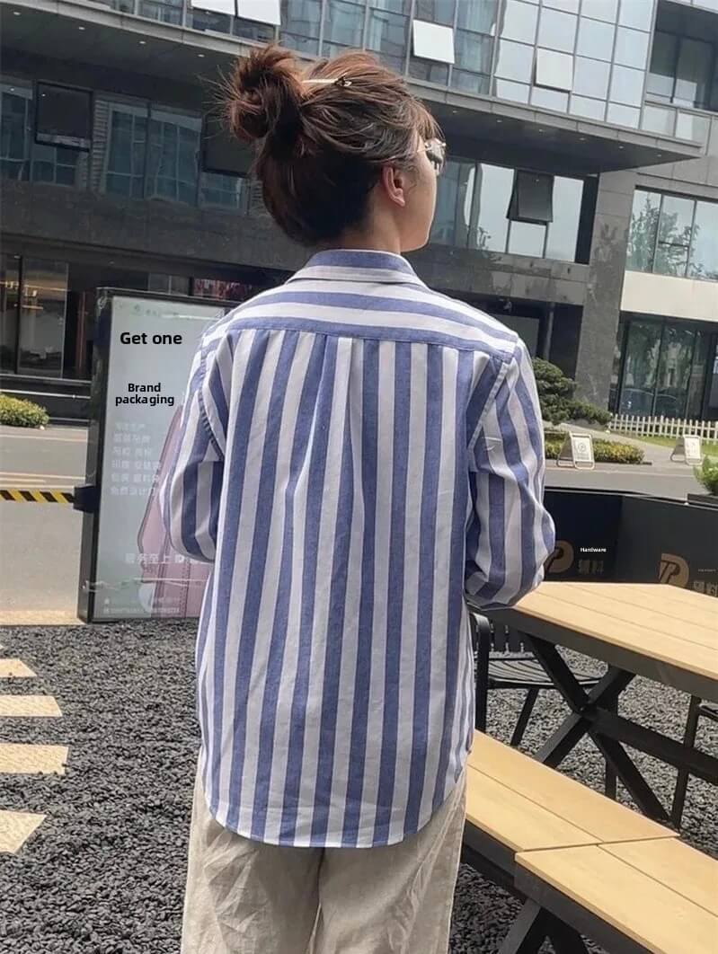 Women’s woman womens Spring Summer Classic Style Embroidered Big Striped pleats POLO turn-down Collar Loose Casual Versatile Linen long drop-shoulder sleeves with button cuffs pleated back Button up Shirts in blue with white stripes