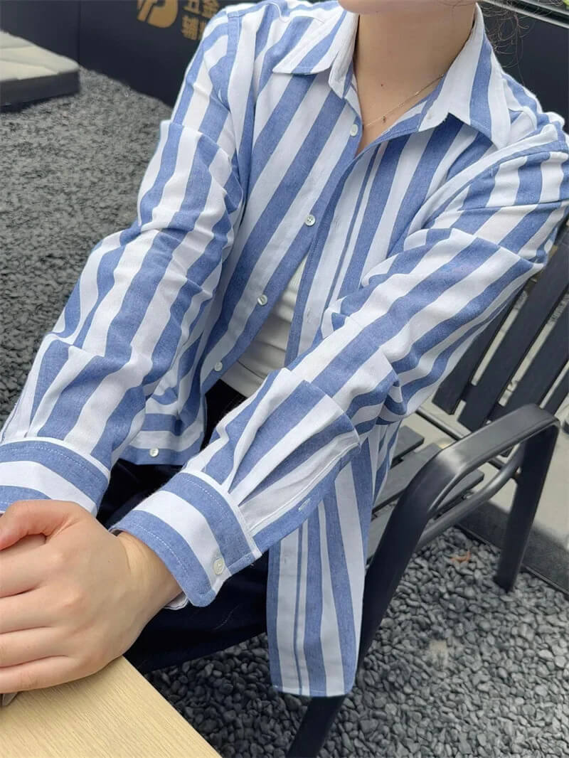 Women’s woman womens Spring Summer Classic Style Embroidered Big Striped pleats POLO turn-down Collar Loose Casual Versatile Linen long drop-shoulder sleeves with button cuffs pleated back Button up Shirts in blue with white stripes