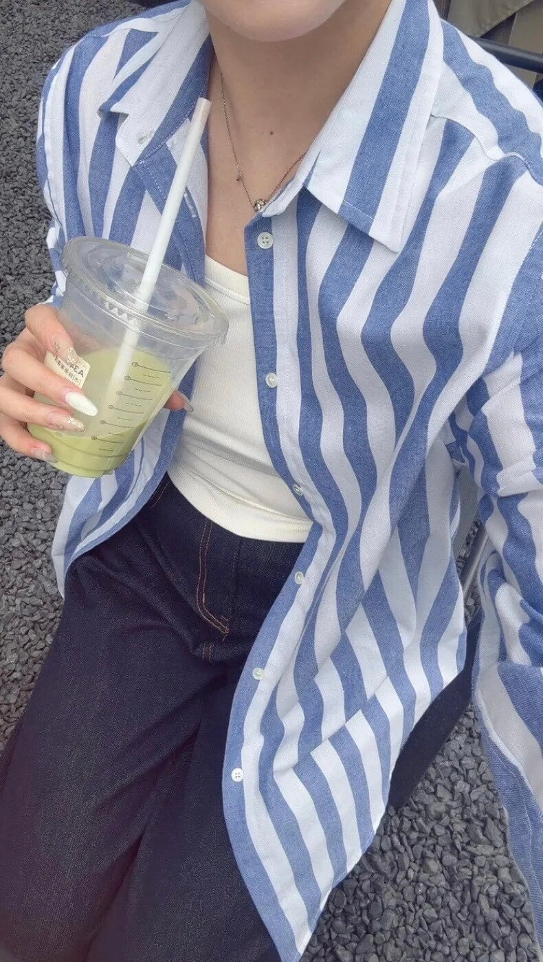 Women’s woman womens Spring Summer Classic Style Embroidered Big Striped pleats POLO turn-down Collar Loose Casual Versatile Linen long drop-shoulder sleeves with button cuffs pleated back Button up Shirts in blue with white stripes