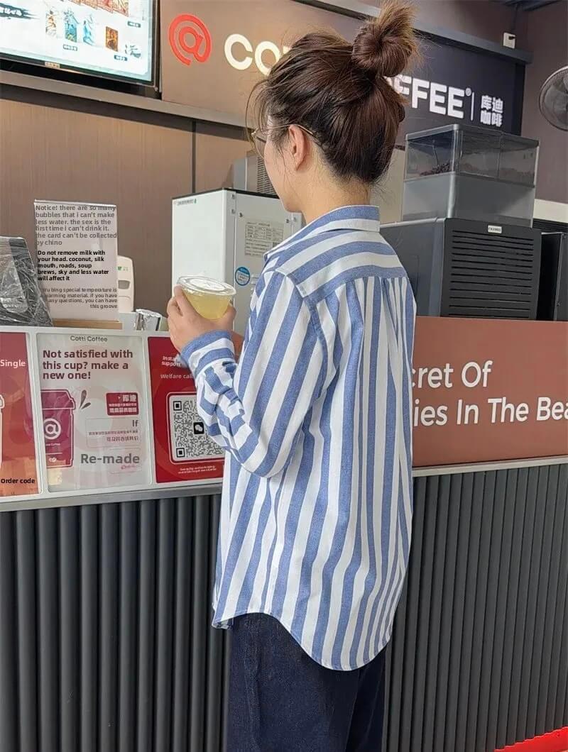 Women’s woman womens Spring Summer Classic Style Embroidered Big Striped pleats POLO turn-down Collar Loose Casual Versatile Linen long drop-shoulder sleeves with button cuffs pleated back Button up Shirts in blue with white stripes