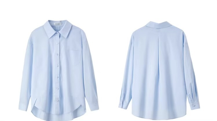 Classic Big Shirt    Women’s solid turn-down collar asymmetrical long sleeves with dropped shoulders and banded button cuffs button-up 100% cotton patch pocket at chest bottoming hem Shirts & Blouses in light blue womens fashion Spring Office Lady wfh workwear Tops #143C58007X