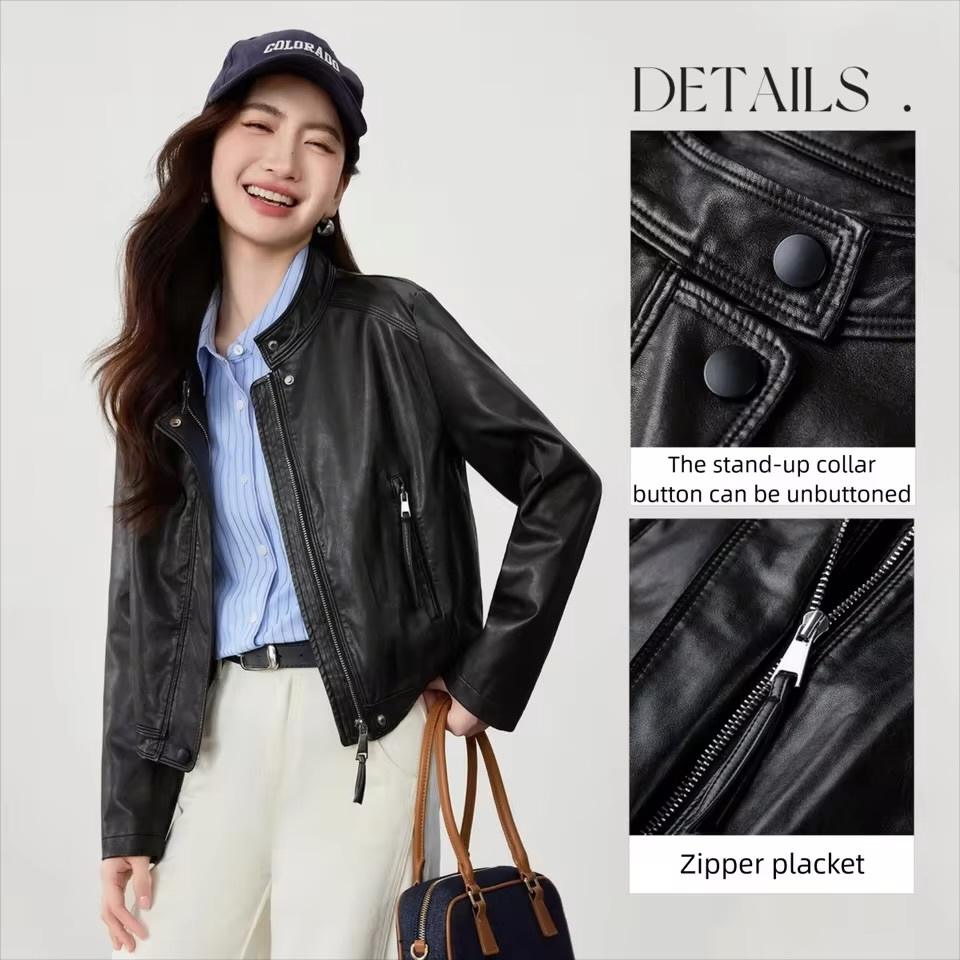 Women&rsquo;s woman womens petite-, tall-, plus-, size Light Luxury High-quality Elegant Winter commute wfh office workwear evening party stand neck collar with to- button close  zipper closure patch pockets Faux PU Leather Jacket outwear Bomber coat Outerwear Jackets in black