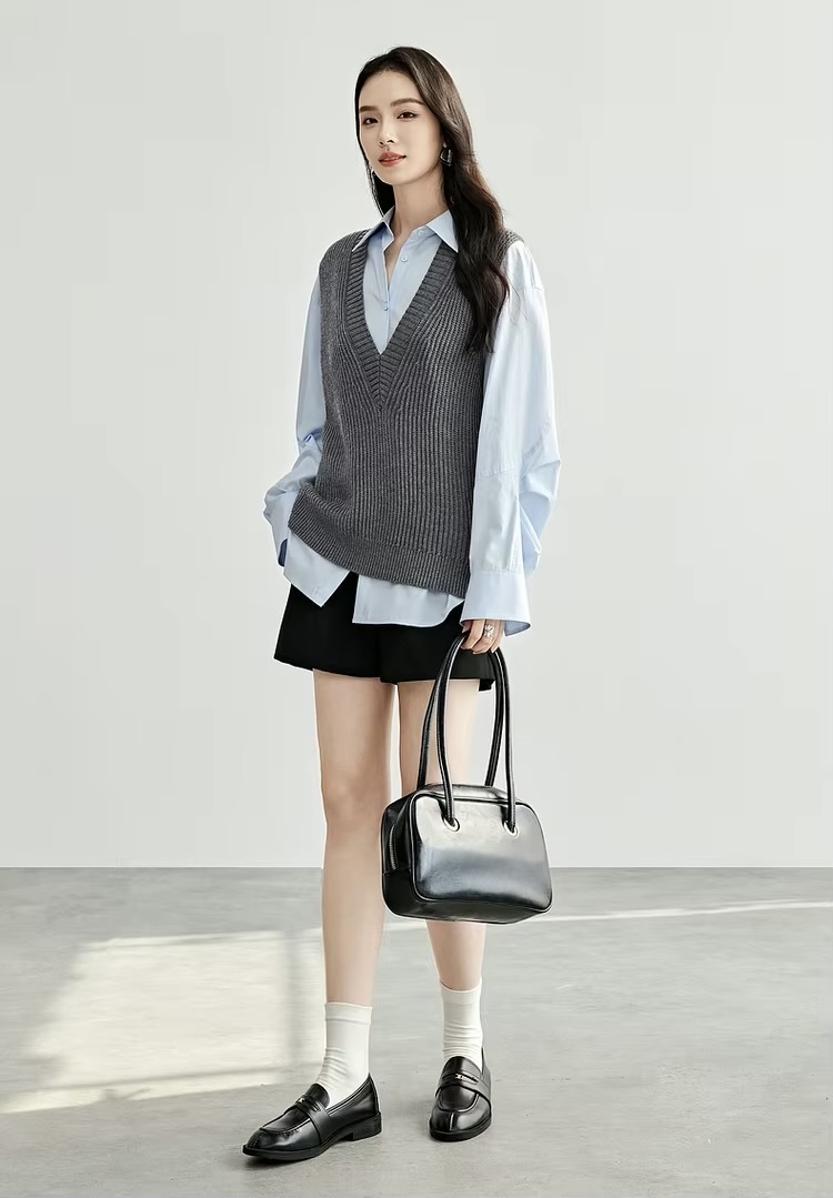 Wool Sweater Vest gray     Women’s straight solid simple V-neck sleeveless ribbed knitted sweater fit woman in grey basic pullover woolen blend rib Tops Spring womens office wfh workwear fashion #W51J58365