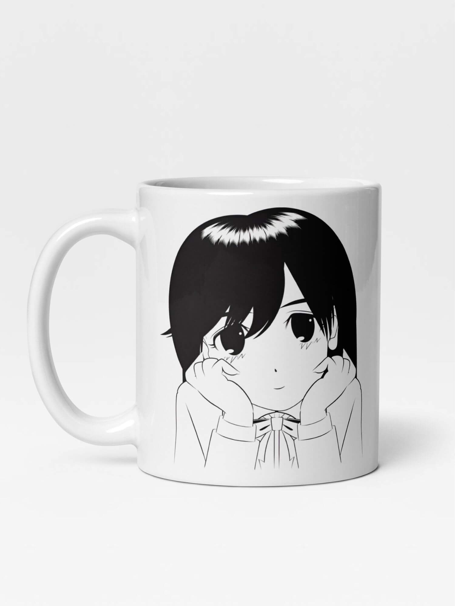 Smile Girl Mug    Japan Cartoon women’s worried  face character drinks cup coffee, tea, juice, milk drinking cups miteigi branded product item tumblers ceramics in white with black ink pattern Ceramic Anime Gifts womens girls gen z generation A woman worry Japanese manga souvenirs mugs