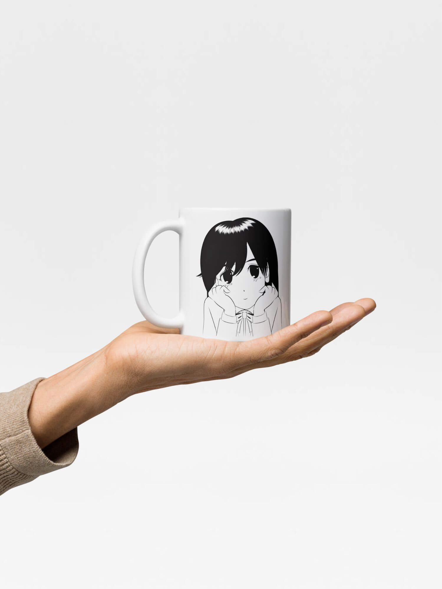 Smile Girl Mug    Japan Cartoon women’s worried  face character drinks cup coffee, tea, juice, milk drinking cups miteigi branded product item tumblers ceramics in white with black ink pattern Ceramic Anime Gifts womens girls gen z generation A woman worry Japanese manga souvenirs mugs